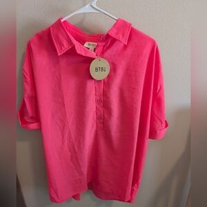 Bibi Women's Short Sleeve Neon Pink Large  Short Sleeve Top Half Button NEW
